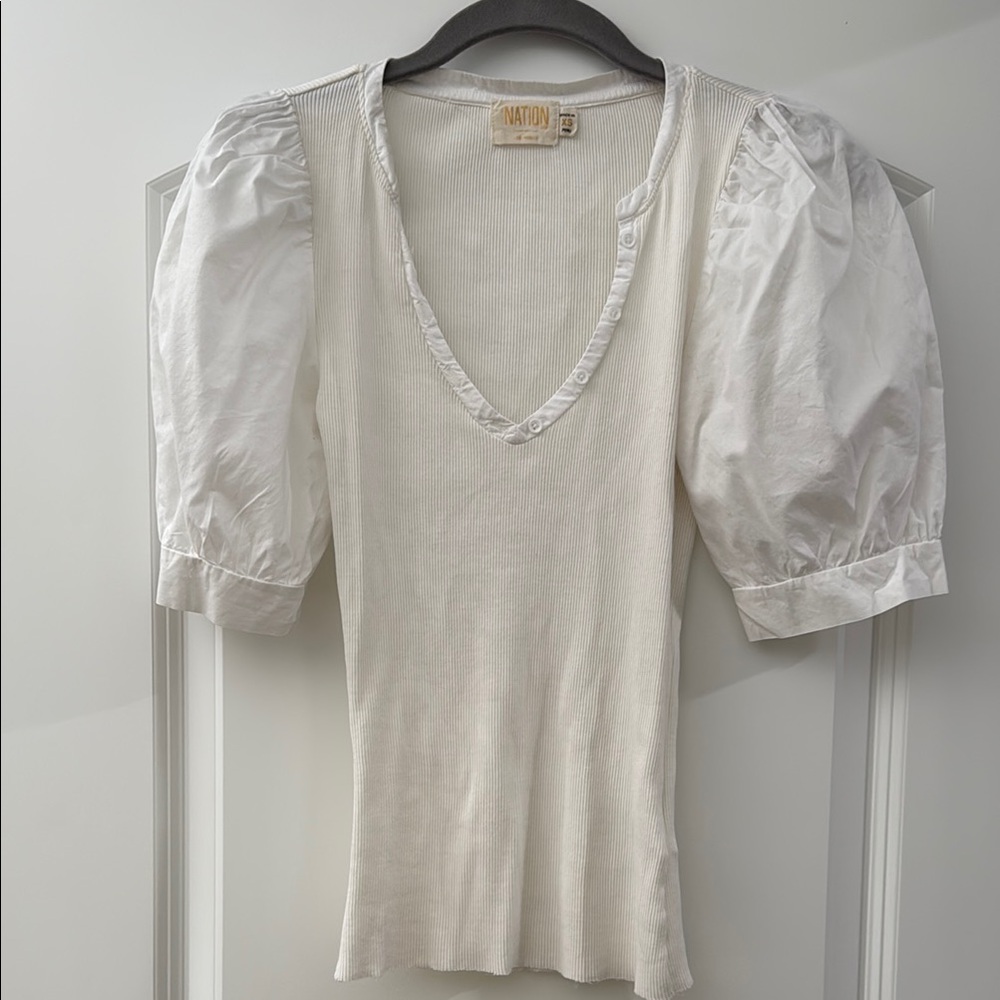 Nation LTD White Puff Sleeve Fitted Blouse